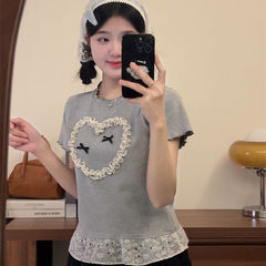 拼接蕾絲甜美木耳邊短袖T恤女夏季新款設計感短款辣妹風上衣T恤潮