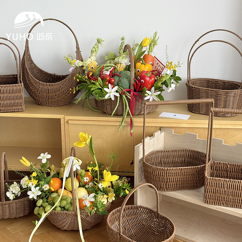 屿后 国风复色系水果花篮鲜花插花手提篮节日diy花篮花店花艺资材