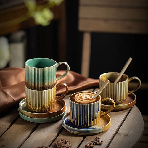 Handcrafted Japanese Retro Coffee Cup and Saucer Set, Artistic Ceramic Coffee Cups, Porcelain Drip Coffee Cups, Mugs