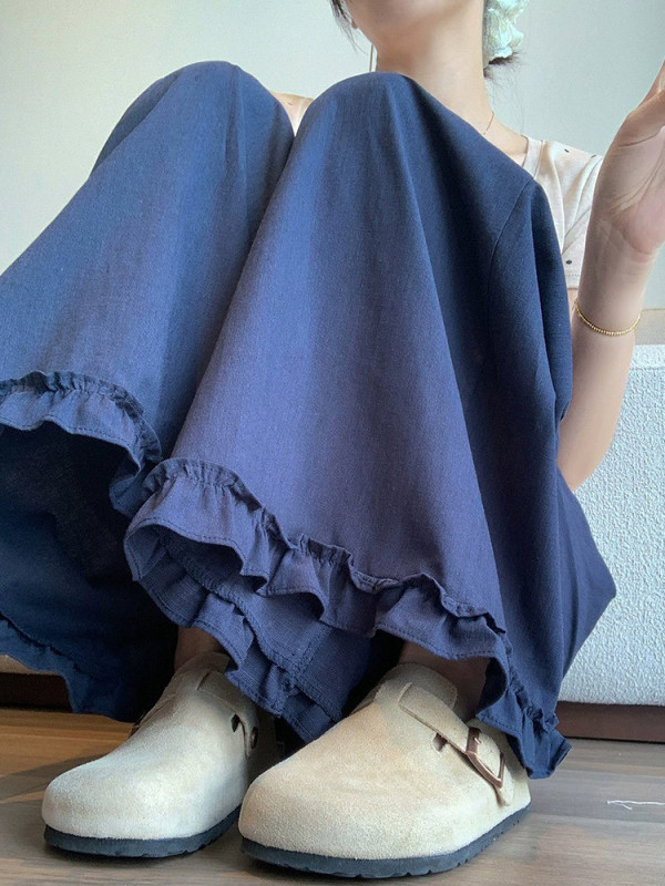 ネイビーブルーウッドエッジレースステッチワイドレッグパンツ女性用夏ファットmm大きいサイズカジュアルパンツハイウエスト多用途ルーズ9点パンツ|undefined