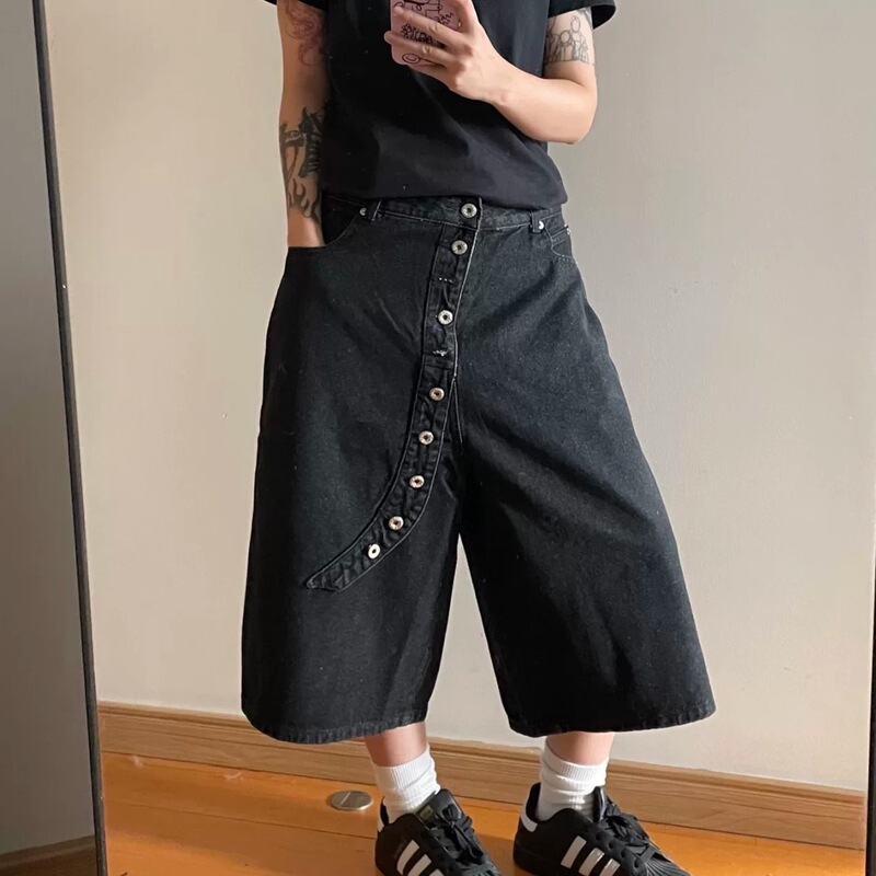 American Retro Summer New Style Diagonal Placket Cropped Denim Shorts for Men and Women, Street Style Niche Casual Couple Wide-Leg Shorts