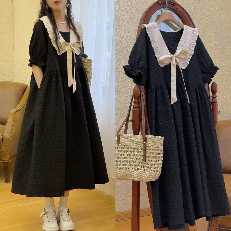 Plus-Size Doll Collar Bowknot Slimming Dress for Women, Summer Style for Slightly Plump Figures, Waist-Cinching, Tummy-Concealing Long Dress