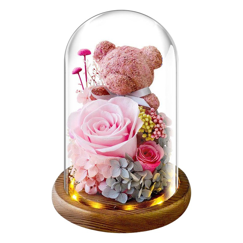 Regalo de San Valentín Flor eterna Oso Cubierta de vidrio de musgo Caja de regalo para novia Adornos de cumpleaños Flor seca Rosa producto terminado