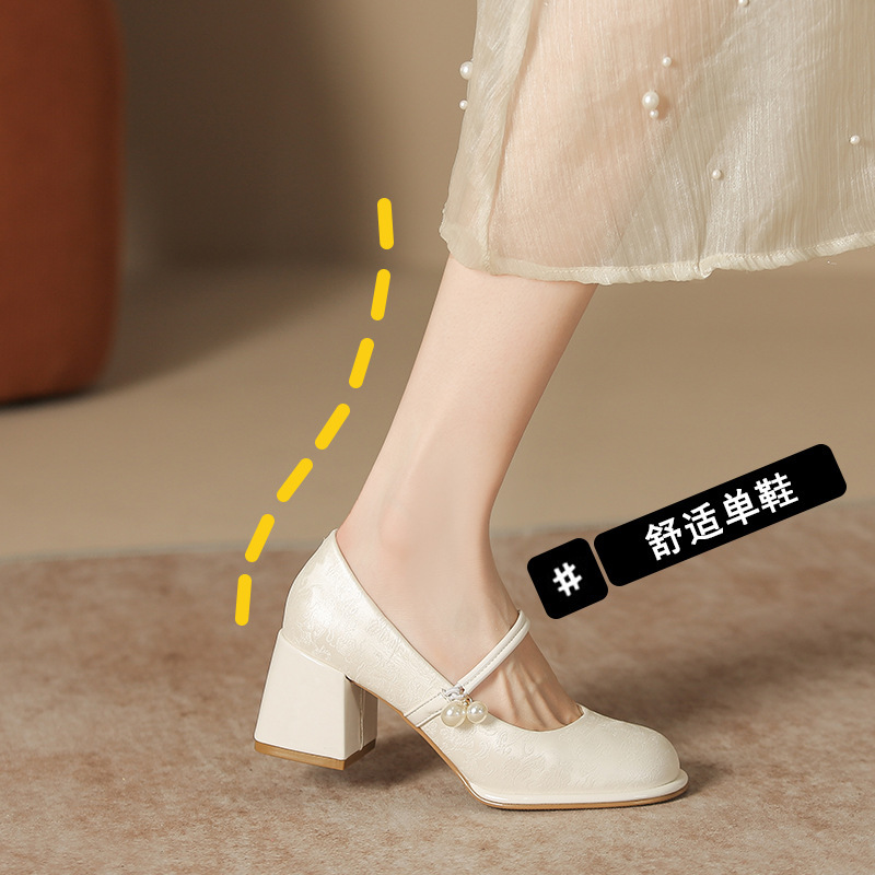 Cheongsam with Pattern Shoes Mary Jane Flats for Women 2025 New Fairy Thick Heels High Heels Soft Leather Bridesmaid Shoes Cheongsam with Pattern Shoes Mary Jane Flats for Women 2025 New Fairy Thick Heels High Heels Soft Leather Bridesmaid Shoes