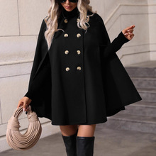 跨境欧美秋冬季高级感斗篷毛呢外套女中长款双排扣宽松显瘦大衣