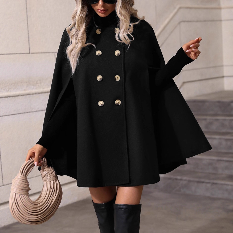 跨境欧美秋冬季高级感斗篷毛呢外套女中长款双排扣宽松显瘦大衣
