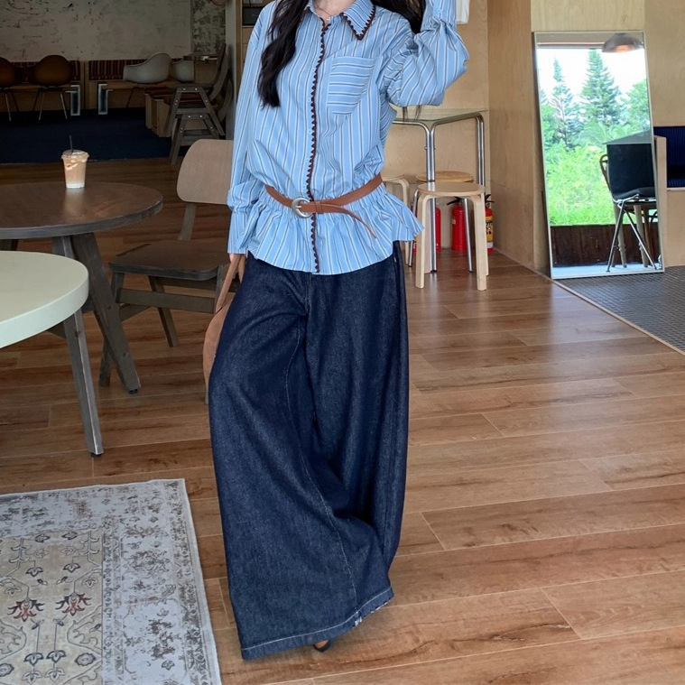 设计感撞色条纹长袖衬衫女装2025新款秋季小众休闲宽松POLO领上衣|undefined