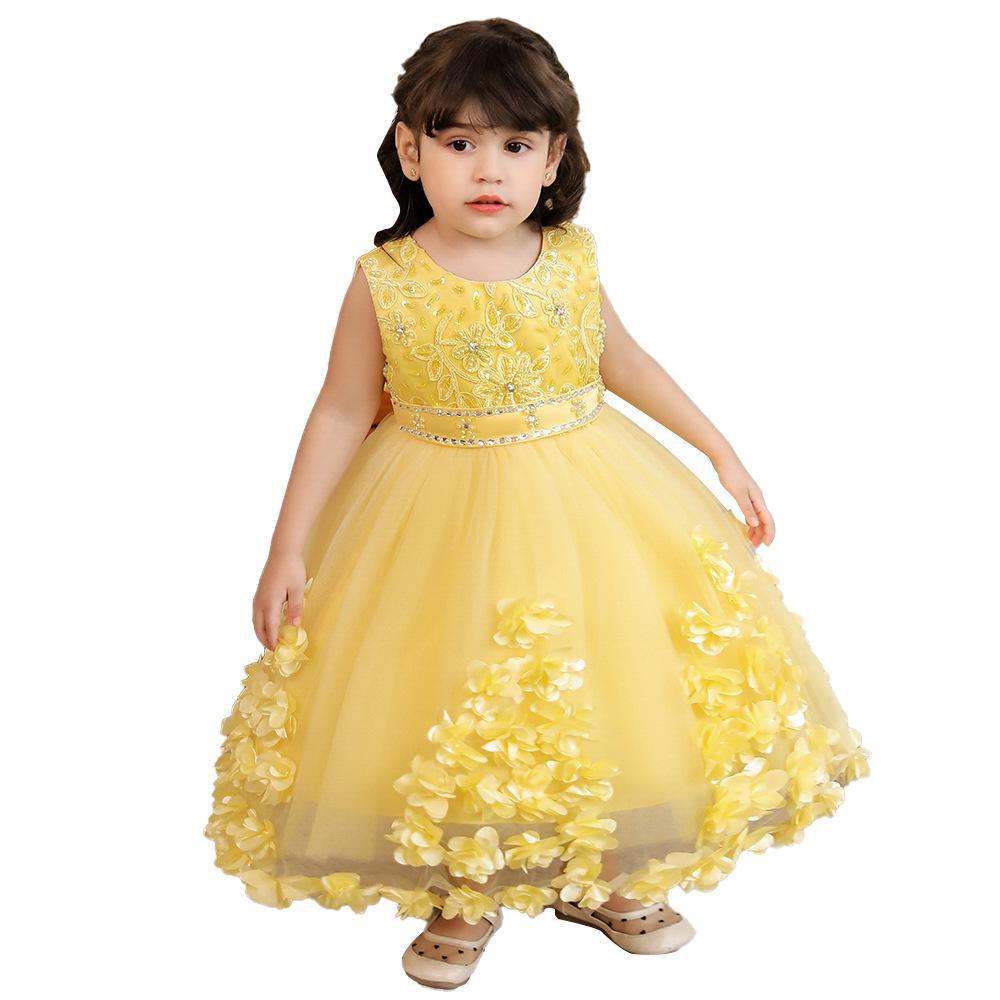 Suministro transfronterizo vestido para niños vestido de novia de niña de flores tridimensionales vestido de princesa mullido de niña vestido de niños