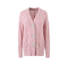 秋冬新款V领单排扣长袖针织麻花中长款外套女外搭宽松加厚毛衣