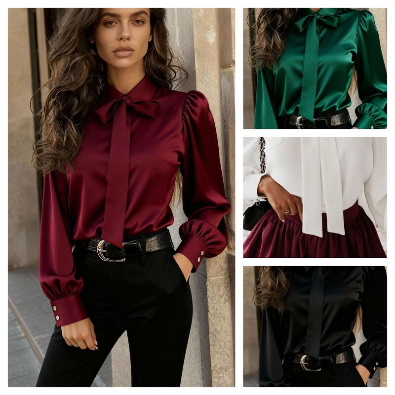 2025 Amazon Temu Popular Autum Long-Sleeved Bow Satin Women's Shirt Shirt Top Women 882512
