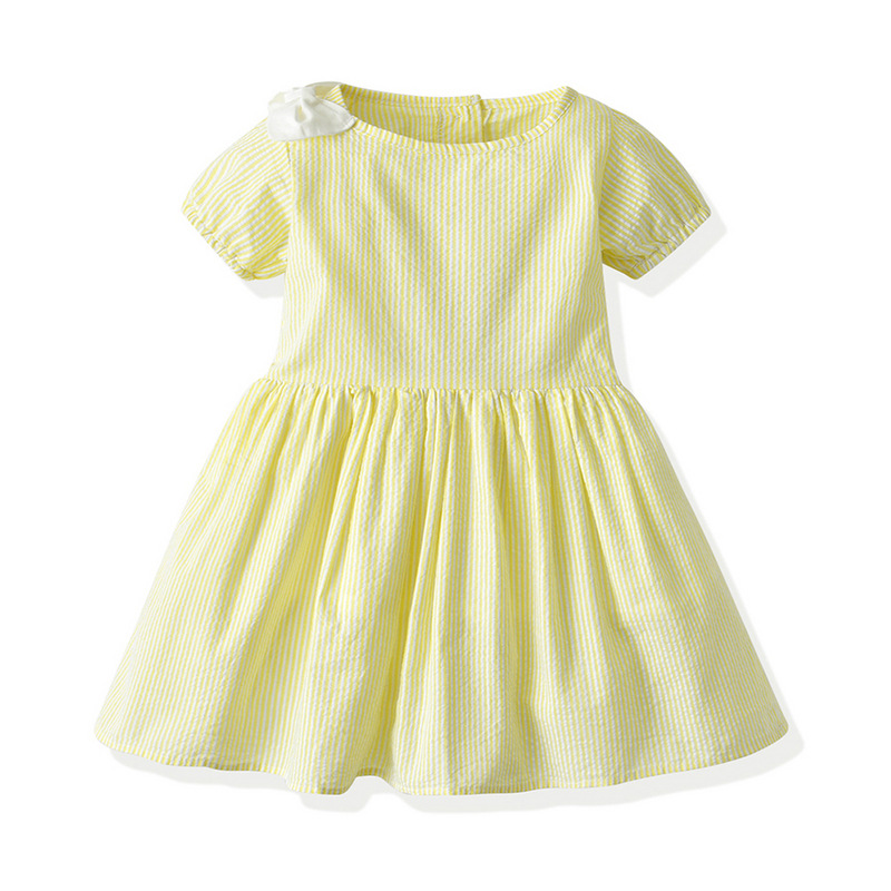 Verano de manga corta rayas de color caramelo vestido de niña sombrero de paja set de algodón de moda coreano vestido de color sólido