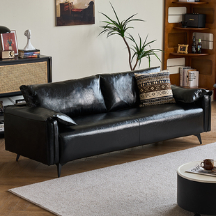 Black Sofa Small Apartment Living Room Modern Minimalist Apartment Bedroom Retro Oil Wax Leather Art Double Sofa Straight Row