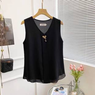 Summer Women's Sleeveless Outer Vest Collar Large Size Chiffon Suspender Top Loose Belly-Covering Versatile Bottoming Shirt