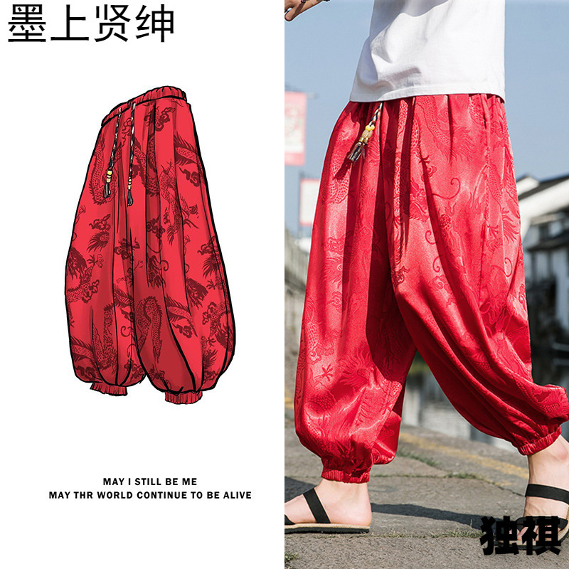 2023 pantalones casuales de verano para hombres, pantalones de seda de hielo, pantalones cortos de flores oscuras con patrón de dragón, bombachos sueltos, pantalones de playa, pantalones anchos