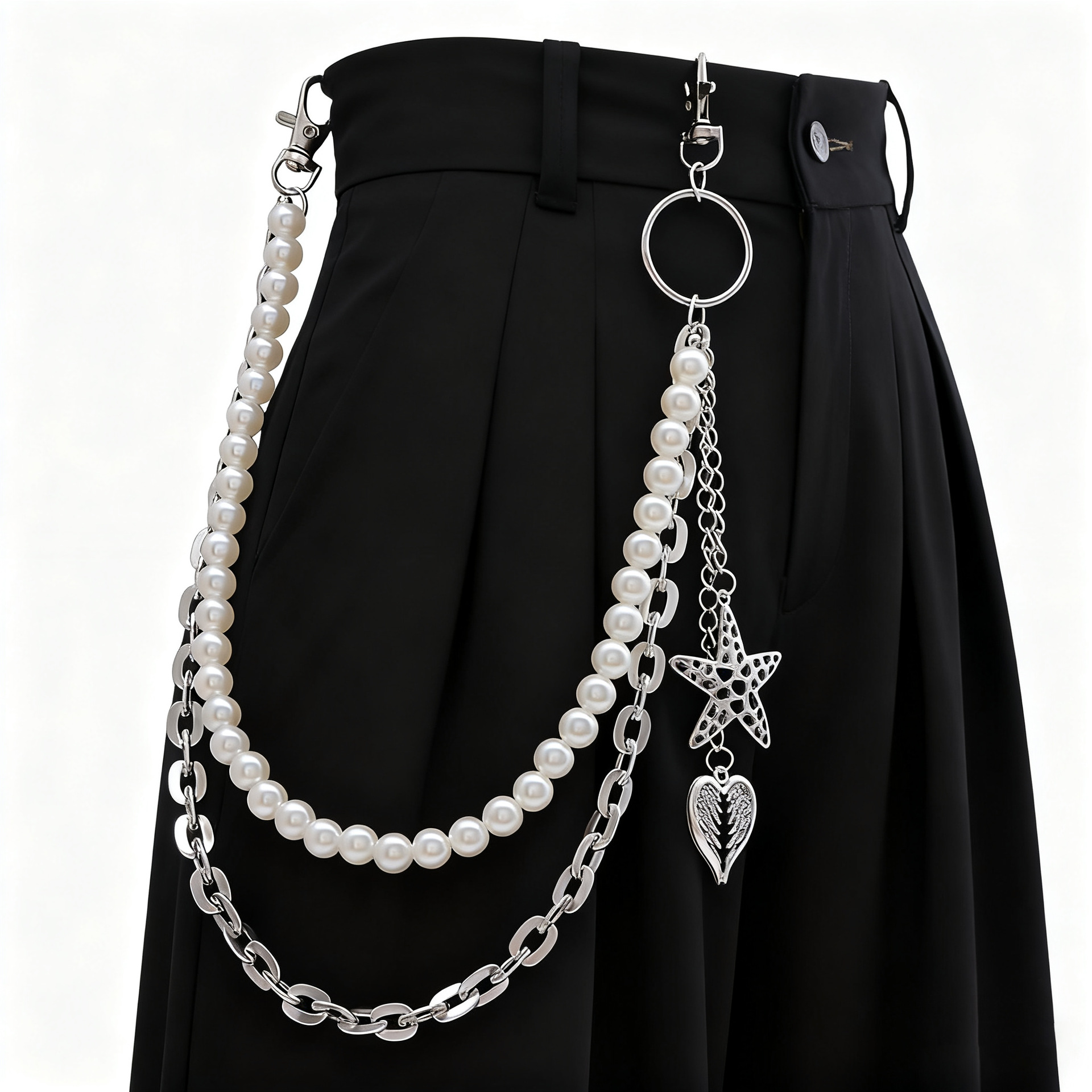 欧美跨境设计感时尚镂空星星爱心吊坠腰链仿珍珠串珠嘻哈朋克裤链