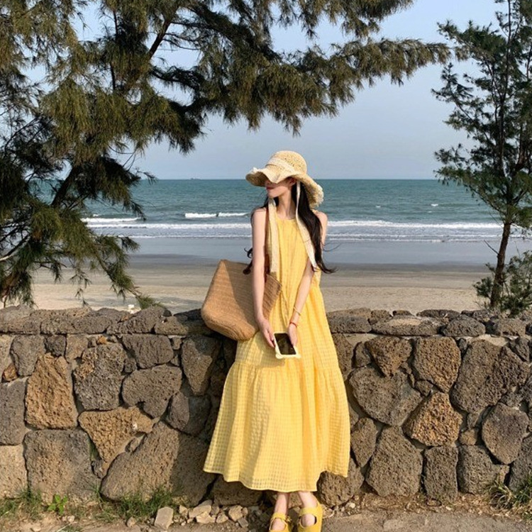 Beach Vacation Gentle Style Yellow Plaid Vest Dress for Women 2025 Summer New Loose Slimming Long Dress Beach Vacation Gentle Style Yellow Plaid Vest Dress for Women 2025 Summer New Loose Slimming Long Dress