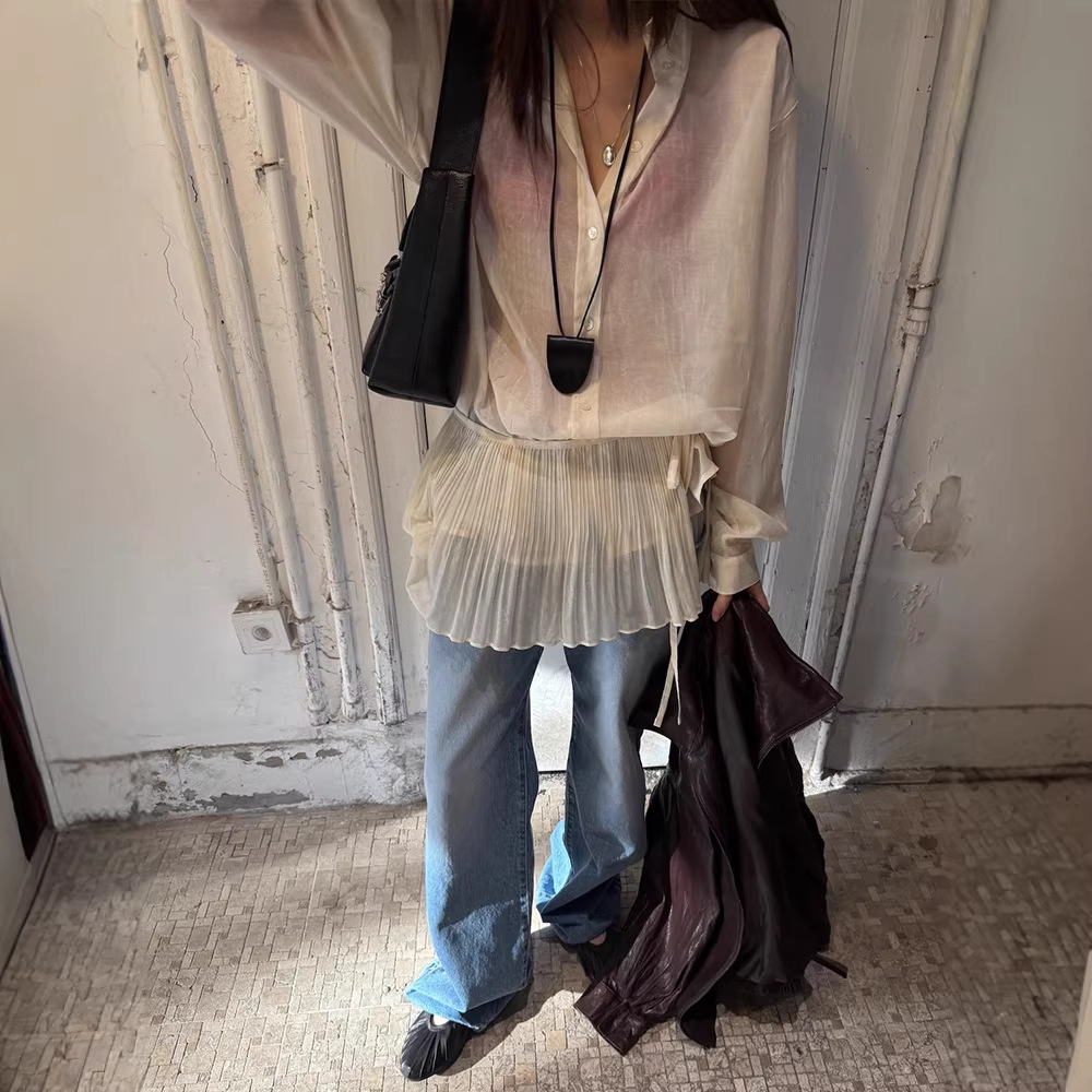 london flat轻薄宽松微透衬衫女 春夏韩版时尚百褶系带帘裙两件套