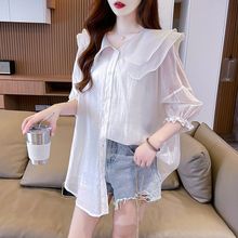 2025新款夏季仙娃娃领衬衣空调衫中长款大码宽松新品衣薄外套女