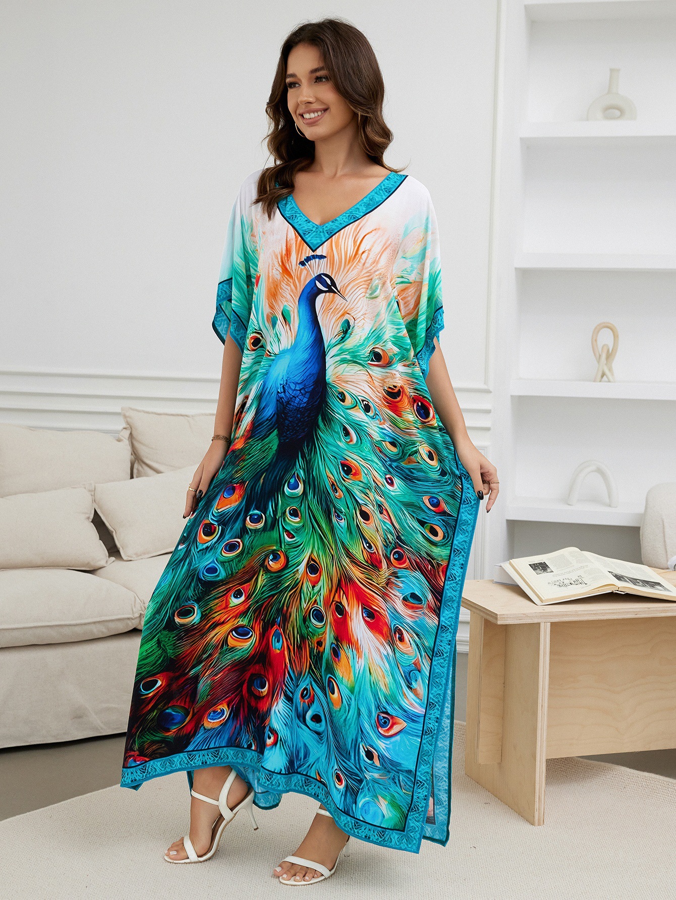 Rochie de plajă lungă kimono dama boho viscoză tie-dye_voghion.com