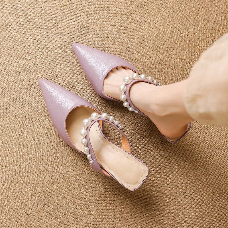 Giày sandal cao gót nữ mũi nhọn da bò, gót mảnh 9 cm, phong cách nữ thần — đen