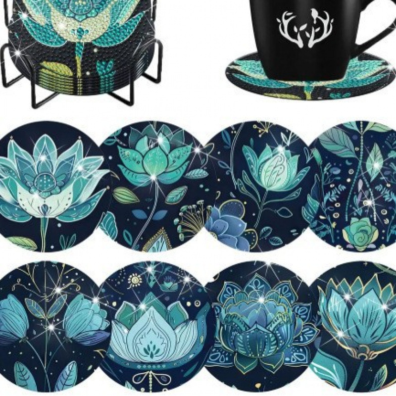 Ventas transfronterizas calientes de 8 piezas de conjunto de cojín de taza de arte de diamante, con soporte, pequeño conjunto de pintura de diamante, adecuado para adultos