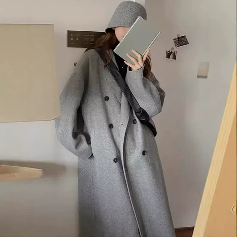 Двустороннее шерстяное пальто, удлиненная демисезонная куртка, средней длины, корейский стиль, приталенный крой.