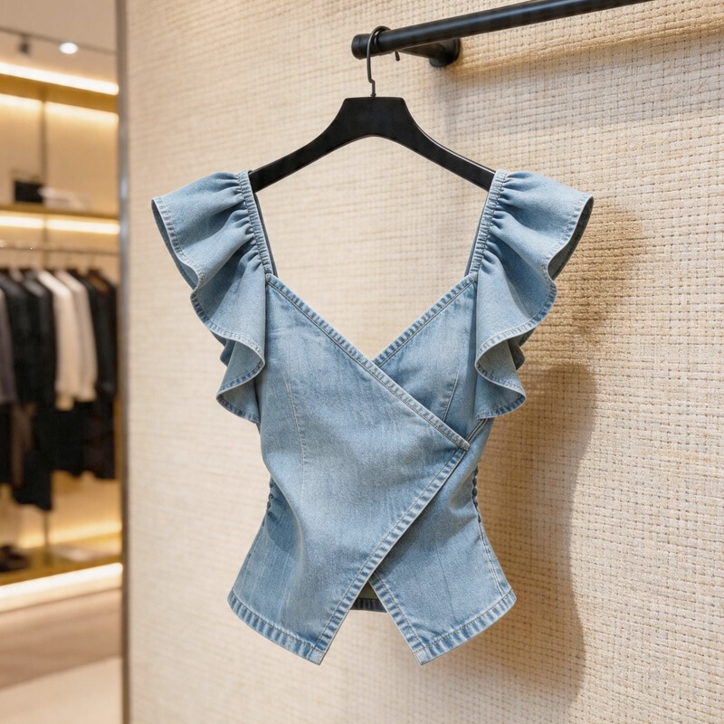 Fashionable Commuter Style Blue Denim Ruffled Top for Women, Elegant Cross-Strap Slimming Blouse, New Summer 2026 Model