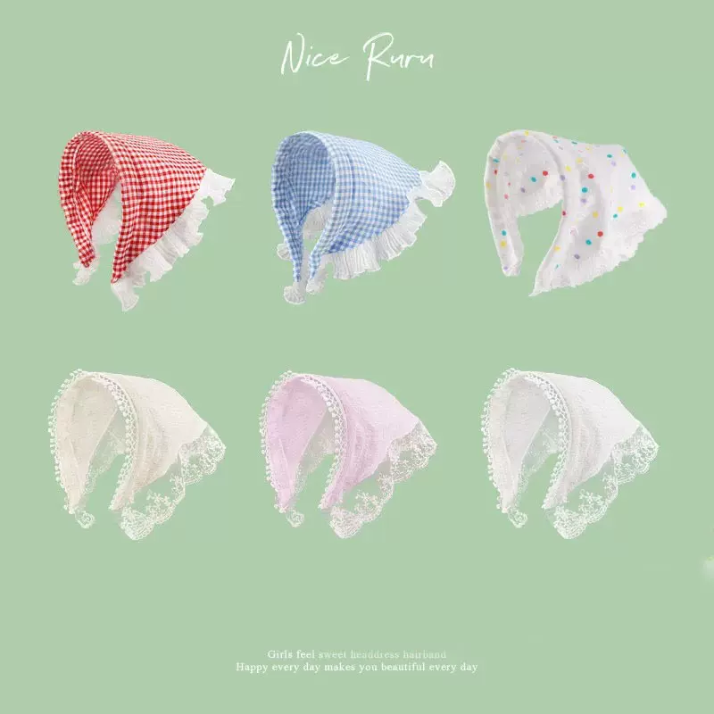 法式田园风格子蕾丝三角巾包头发箍海边氛围感拍照发带头饰发饰女
