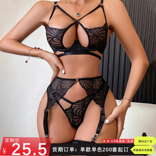 AliExpress cross-border new bra sexy lace steel ring push up Cross ribbon hollow sexy lingerie four-piece set