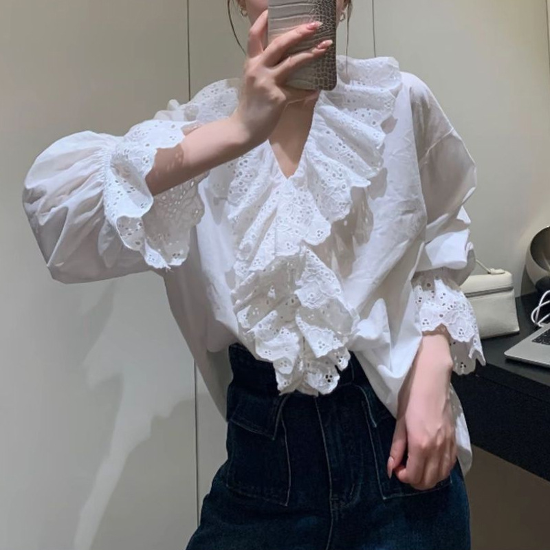 “赫本假日秋季女装v领花边衬衫百搭日常上衣女新品高级感衬衣潮|undefined