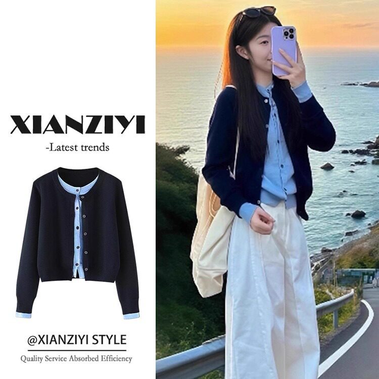 Navy blue faux two-piece design long-sleeve knitted cardigan jacket for women, 2026 new autumn fashion top