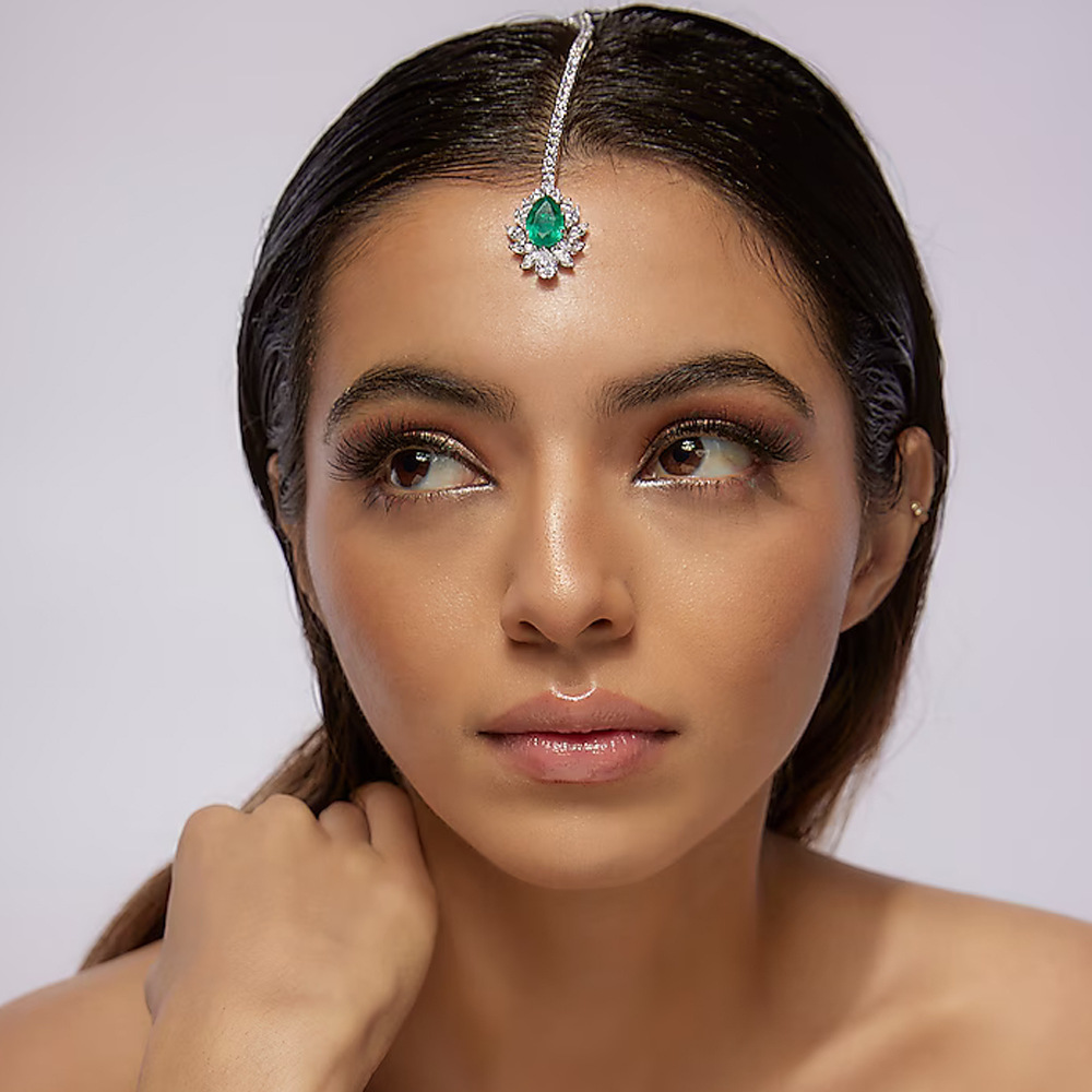 Cross-border New Zircon Green Water Drop Forehead Chain European and American Advanced Sense Indian Traditional Headwear hair chain