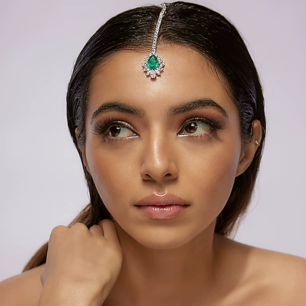 Новый трансграничный продукт, цирконовая зеленая цепочка на лоб с каплями воды, европейская и американская высококачественная индийская традиционная цепочка для волос на голову