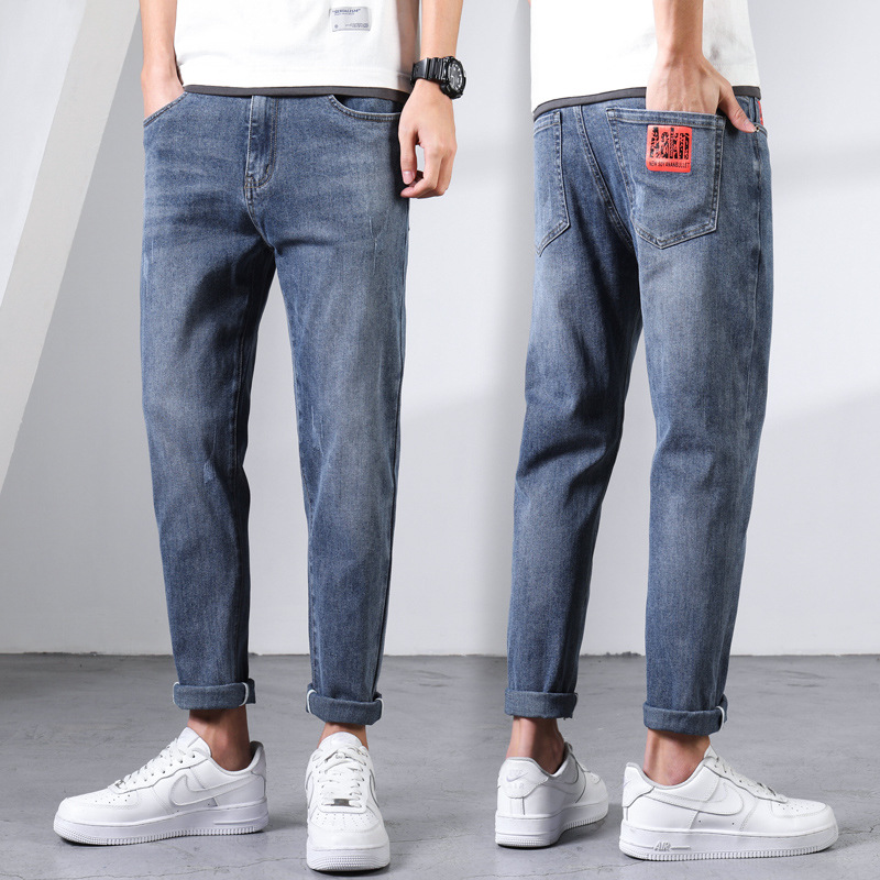 Pantalones vaqueros de los hombres pantalones cortos cuatro estaciones regular 2023 nuevo elástico slim fit pequeño recto otoño casual pantalones largos