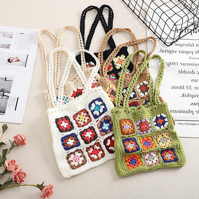 Real Shot Korean Niche Design Crochet Handmade Woven Bag Grandmother's Portable Wool Bag Holiday Shoulder Bag for Women