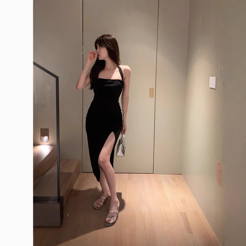 Shoulder Neck French Sling dress Women's Summer Hip Split Midi Dress High-grade Elegant Dress Shoulder Neck French Sling dress Women's Summer Hip Split Midi Dress High-grade Elegant Dress