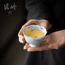 手绘花口品茗杯主人杯釉下洒色陶瓷茶杯功夫茶茶道茶楼高级茶盏