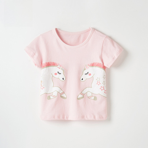 Children's European and American Pure Cotton T-shirt 2024 for Girls and Kids - Summer Round Neck Short Sleeve Loose Children's Top - Children's Clothing
