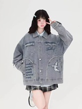 潮女日系复古做旧刺绣牛仔夹克男女潮牌街头宽松休闲百搭外套
