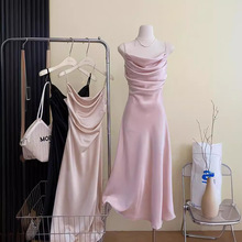 MILLAIDI2024夏季新款气质优雅吊带连衣裙设计感褶皱修身长裙女