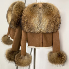 欧美冬季新款超大貉子毛领麂皮绒皮草外套女短时尚款性感显瘦外套