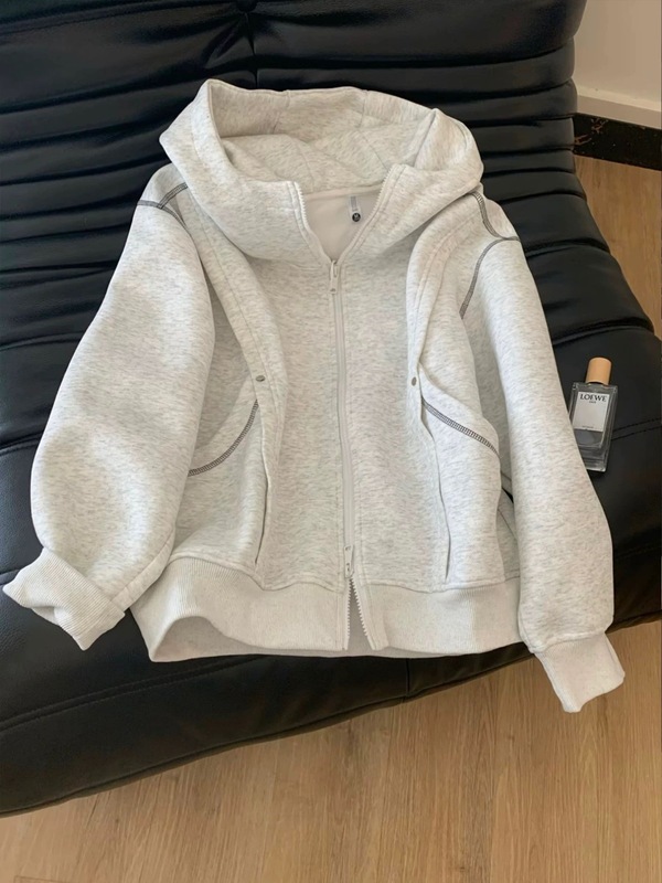 美式复古纯色条纹连帽卫衣女高级感小众百搭显瘦oversize上衣外套|undefined