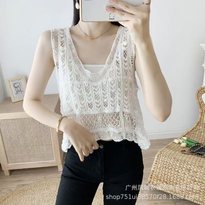 Lace Knitted Vest Women's Short V Neck Hook Pattern Cut Out Outer Cotton Blouse Loose Sleeveless Top Lace Knitted Vest Women's Short V Neck Hook Pattern Cut Out Outer Cotton Blouse Loose Sleeveless Top