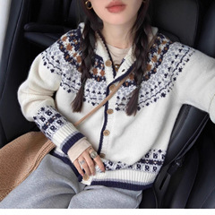 奢缇家秋季2025新款女装毛衣女费尔岛针织开衫插肩长袖复古连帽