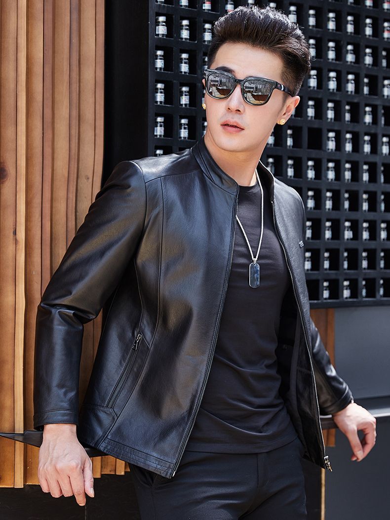 New Leather Men's Haining Leather Collar Layer Cowhide Autumn and Winter Middle-aged Business Casual Black Leather