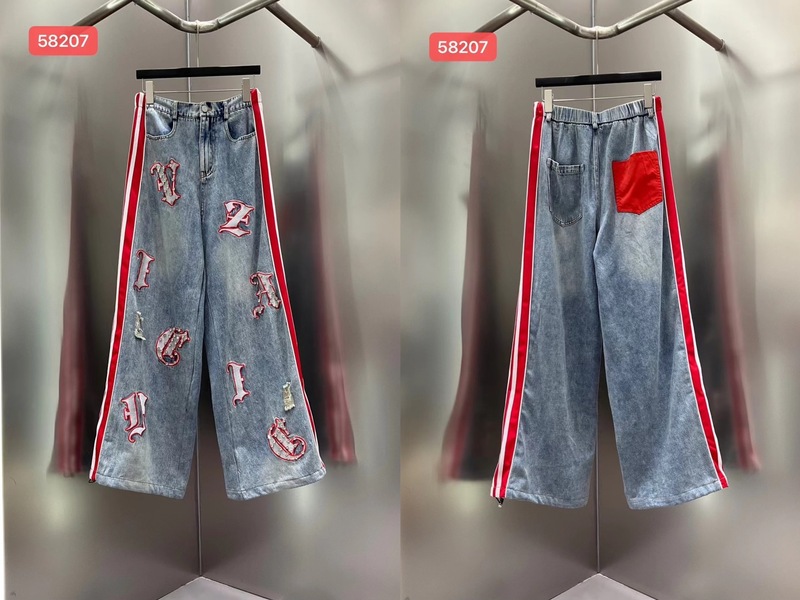 欧货牛仔裤女2025秋季新款重工字母刺绣钉珠口袋撞色杠条潮牌长裤|undefined