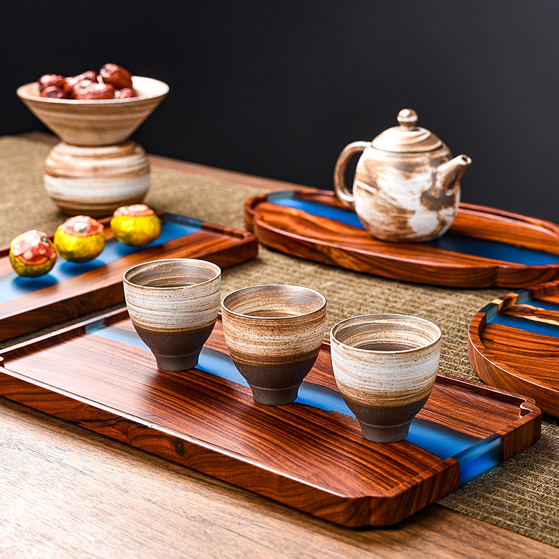 Placa de madera hoja pequeña bandeja de té de sándalo rojo resina epoxi mesa de té de la vendimia Oficina en casa tamaño pequeño bandeja de té bandeja de burbujas secas