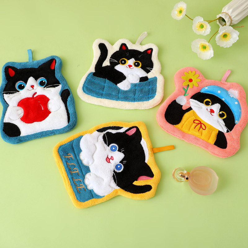 クリエイティブ猫ハンドタオル吊り下げ超吸収性キッチンバスルーム厚みのあるタオルハンカチ無臭コーラルベルベット|undefined
