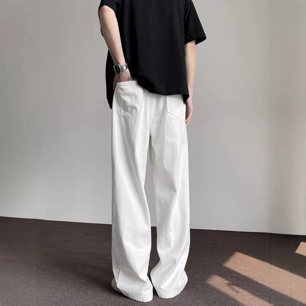 美式高街白色牛仔裤男夏季新款感宽松直筒阔腿拖地百搭长裤子