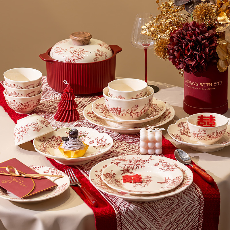 复古红色碗碟套装家用礼品感碗具结婚红碗盘高级喜庆碗盘乔迁整套